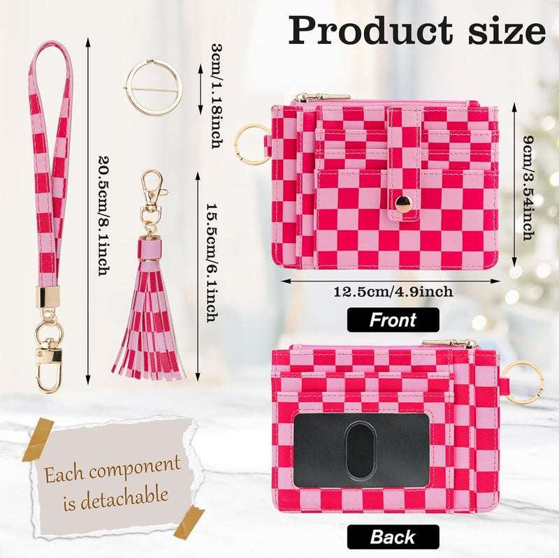 KNGITRYI Small Wristlet Wallets for Women RFID Credit Card Holder Wallet Keychain Wristlet Wallet Credit Card Wallets for Women (checkered pink) - Image 2